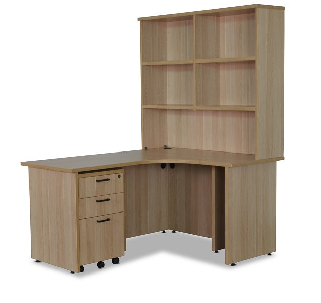 Barrel Oak Corner Workstation with Pedestal and Hutch