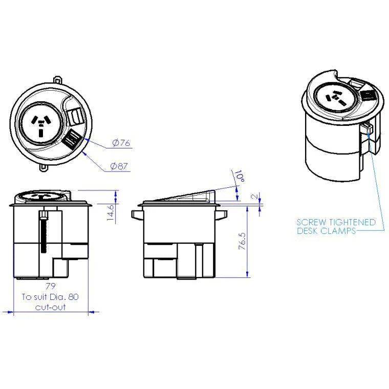 Desk Mounted Konexus 10A Module, inc 2x USB A (30W Shared) Chargers with 1000mm lead