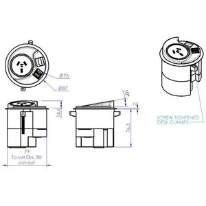 Desk Mounted Konexus 10A Module, inc 2x USB A (30W Shared) Chargers with 1000mm lead